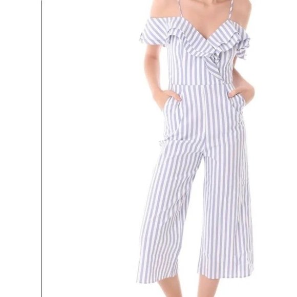 Main Strip Blue White Stripe Ruffle Off Shoulder Romper Jumpsuit size Small - Picture 1 of 12